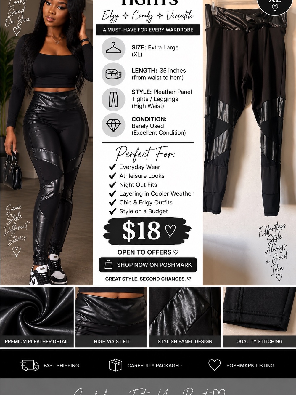 Pleather Panel High-Waist Leggings - Black (XL)